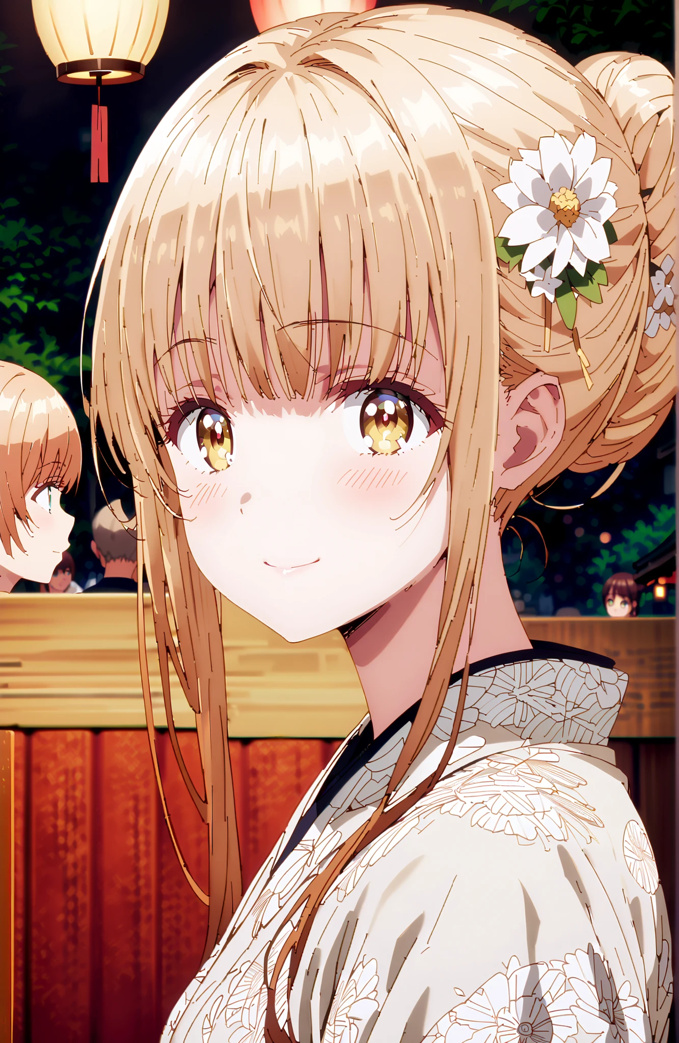 椎名まひる, bungs, Gold, brown hair, yellow eyes,side lock, single bun hair,flower hair ornament,Nape,White flower pattern kimono,Medium breast,standing,Light up fireworks,Japanese stalls ,Red Lantern,night,smile,blush,close your mouth,full bodyがイラストに入るように,break outdoors, Japanese Festival,
break looking at viewer,full body,
break (masterpiece:1.2), best quality, high resolution, Unity 8Kの壁紙, ( illustration :0.8), (beautiful detailed eyes:1.6), very detailed faces, perfect lighting, very detailed CG, (perfect hand in h, perfect anatomy),