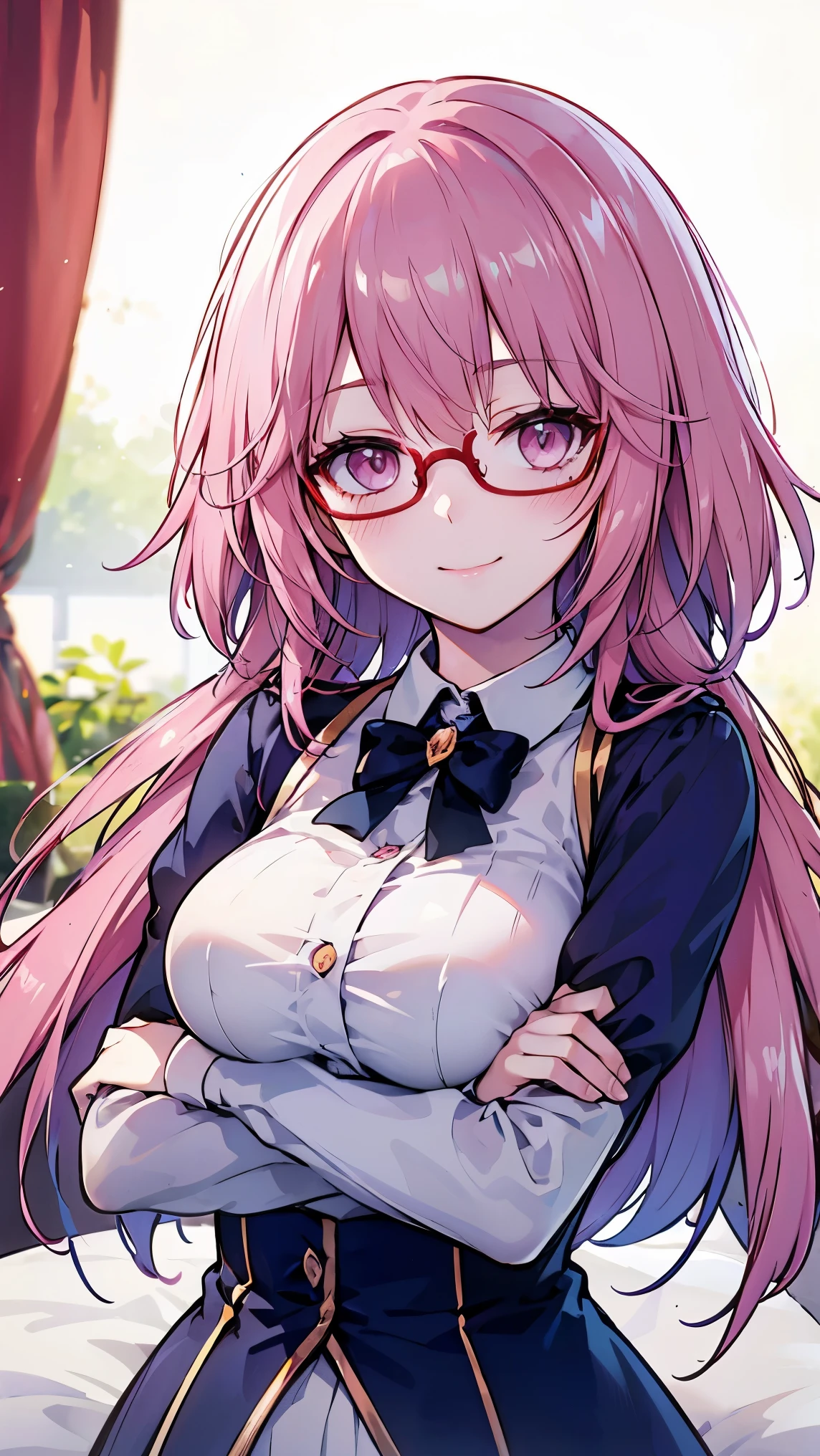 glasses、pink hair、uniform、soft atmosphere in natural light、、Beautiful Girl、pure、 Glossy、Smile、light and shadow、masterpiece、Super advanced details 、Unique hairstyle、long hair、bed、with arms crossed