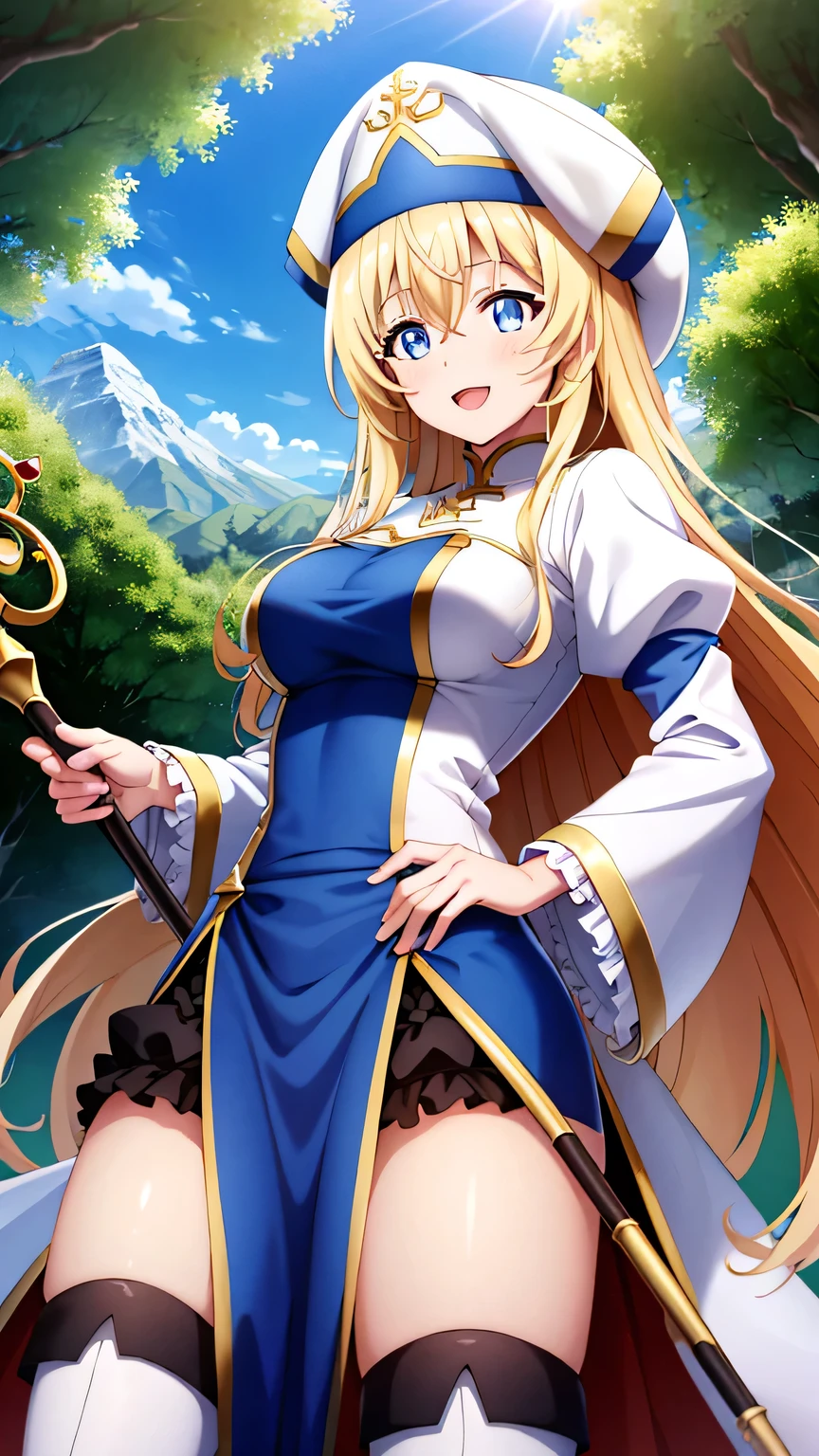 {{{masterpiece}}}, (best quality:1.5), (ultra-detailed:1.5), {illustration}, {{an extremely delicate and beautiful}}, (beautiful detailed eyes:1.5), absurdres, highres, extremely detailed face, 16k, hd, visual anime de uma jovem mulher, extremamente bonito rosto de anime, anime melhor garota, (perfect hands, perfect anatomy), anime face, priestess(Goblin Slayer!), 1girl, solo, cute face, aapri, blonde hair, long hair, straight hair, half up, hair between eyes, sidelocks, flushed cheeks, blue eyes, medium breasts, big hips, curvaceous, BREAK, white headwear, white dress, frilled sleeves, frills, long sleeves, white sleeves, puffy sleeves, wide sleeves, (long pelvic curtain:1.2), blue pelvic curtain, white robe, black mini skirt, ruffle skirt, thighhighs, white thigh boots, high heels, thighs, zettai ryouiki, BREAK, magic staff, long staff, holding staff, smiling, looking at viewer, open mouth, flushed cheeks, flash effect, outdoor, mountain, daytime, forest, flower garden, field, sunshine, peer in from below