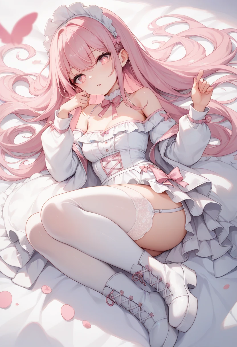 masterpiece, best quality, nsfw,
1girl, view from below,
lift up the skirt, white dress, red panties, pink hair, embarrassed face,
a lot of sweat, bedroom, late night