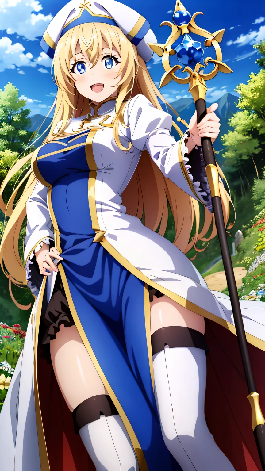{{{masterpiece}}}, (best quality:1.5), (ultra-detailed:1.5), {illustration}, {{an extremely delicate and beautiful}}, (beautiful detailed eyes:1.5), absurdres, highres, extremely detailed face, 16k, hd, visual anime de uma jovem mulher, extremamente bonito rosto de anime, anime melhor garota, (perfect hands, perfect anatomy), anime face, priestess(Goblin Slayer!), 1girl, solo, cute face, aapri, blonde hair, long hair, straight hair, half up, hair between eyes, sidelocks, flushed cheeks, blue eyes, medium breasts, big hips, curvaceous, BREAK, white headwear, white dress, frilled sleeves, frills, long sleeves, white sleeves, puffy sleeves, wide sleeves, (long pelvic curtain:1.2), blue pelvic curtain, white robe, black mini skirt, ruffle skirt, thighhighs, white thigh boots, high heels, thighs, zettai ryouiki, BREAK, magic staff, long staff, holding staff, smiling, looking at viewer, open mouth, flushed cheeks, flash effect, outdoor, mountain, daytime, forest, flower garden, field, sunshine, peer in from below