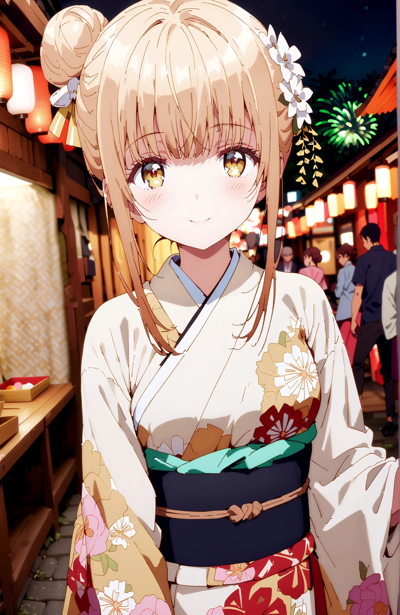 椎名まひる, bungs, Gold, brown hair, yellow eyes,side lock, single bun hair,flower hair ornament,Nape,White flower pattern kimono,Medium breast,standing,Light up fireworks,Japanese stalls ,Red Lantern,night,smile,blush,close your mouth,full bodyがイラストに入るように,break outdoors, Japanese Festival,
break looking at viewer,full body,
break (masterpiece:1.2),best quality ,Kampala,unity 8k 壁紙,(shape:0.8),( fine, beautiful eyes :1.6),It's a person ,full body写真,CG Details , (perfect hand in h,Complete Anatomy),