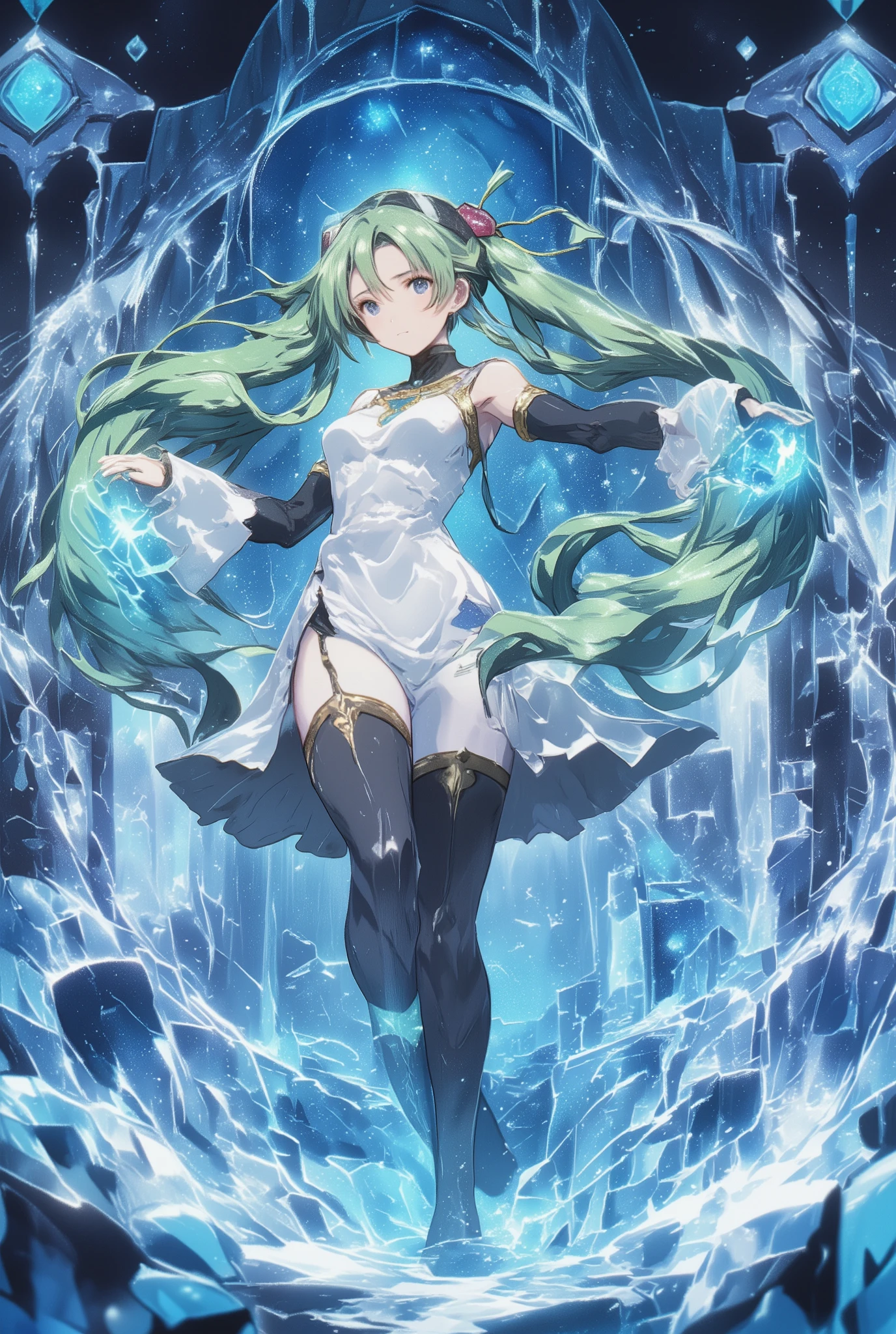 ( masterpiece、 best quality、 best quality、Official Art、 beautiful beautiful :1.2) Hatsune Miku、light green twin tails, beautiful breasts, (best quality, ultra detailed, 8k, ultra high resolution:1.2), Elsa from the Fullmetal Alchemist series, shows her ability to manipulate ice. She's depicted in a dynamic action pose, with a confident smile. The work is 、Cinematic style with a focus on icy blue and sparkling white, It reminds me of Disney animations. The image is three-dimensional, The fine details of Elsa's hair are drawn, clothing, and the surrounding. The color palette is vivid and captivating, Rendered with . The lighting creates a magical glow, emphasizes the cold element.