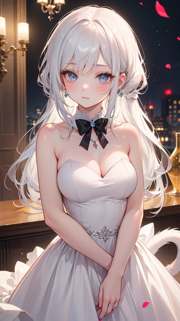 score_9, score_8_up, score_7_up, source_anime, (masterpiece), best quality, expressive eyes, perfect eyes, perfect face, oni girl, oni horns, red eyes, soft lips, long hair, very long hair, wide hips, (white hair:1.2), (white eyebrows:1), (white eyelashes:1), medium breasts:0.5, higuchi madoka, big breasts:0.3, standing, background: City, white stockings, Black dress, Black frills, ribbons, Bare shoulders
