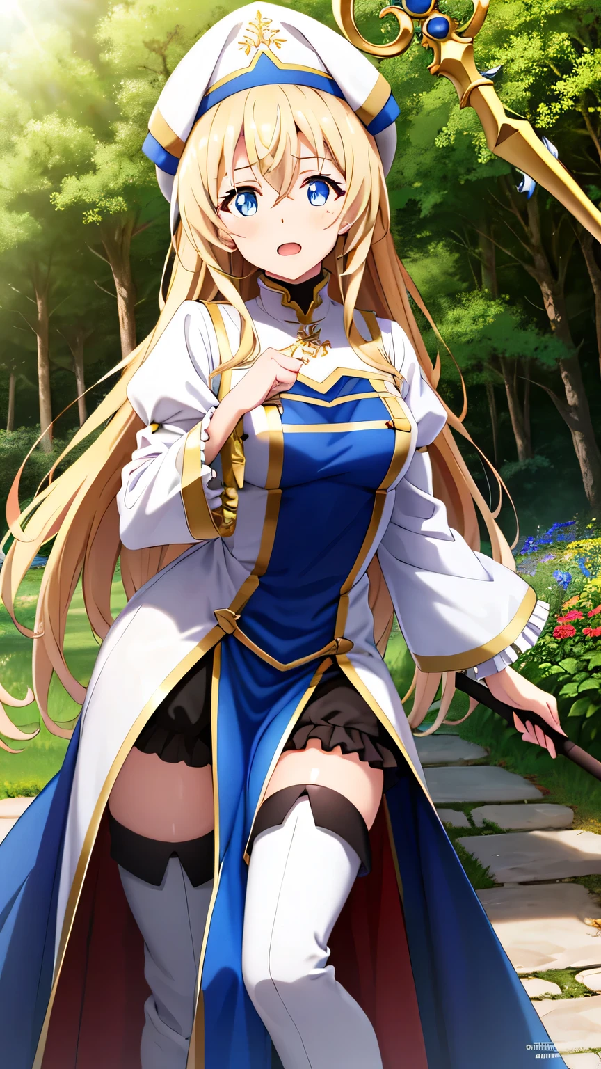 {{{masterpiece}}}, (best quality:1.5), (ultra-detailed:1.5), {illustration}, {{an extremely delicate and beautiful}}, (beautiful detailed eyes:1.5), absurdres, highres, extremely detailed face, 16k, hd, visual anime de uma jovem mulher, extremamente bonito rosto de anime, anime melhor garota, (perfect hands, perfect anatomy), anime face, priestess(Goblin Slayer!), 1girl, solo, cute face, aapri, blonde hair, long hair, straight hair, half up, hair between eyes, sidelocks, flushed cheeks, blue eyes, medium breasts, big hips, curvaceous, BREAK, white headwear, white dress, frilled sleeves, frills, long sleeves, white sleeves, puffy sleeves, wide sleeves, (long pelvic curtain:1.2), blue pelvic curtain, white robe, black mini skirt, ruffle skirt, thighhighs, (white thigh boots:1.2), high heels, thighs, zettai ryouiki, BREAK, magic staff, long staff, Holding a cane and posing in a cute pose, (cute gestures:1.2), holding staff, looking at viewer, open mouth, flushed cheeks, flash effect, outdoor, mountain, daytime, forest, flower garden, field, sunshine