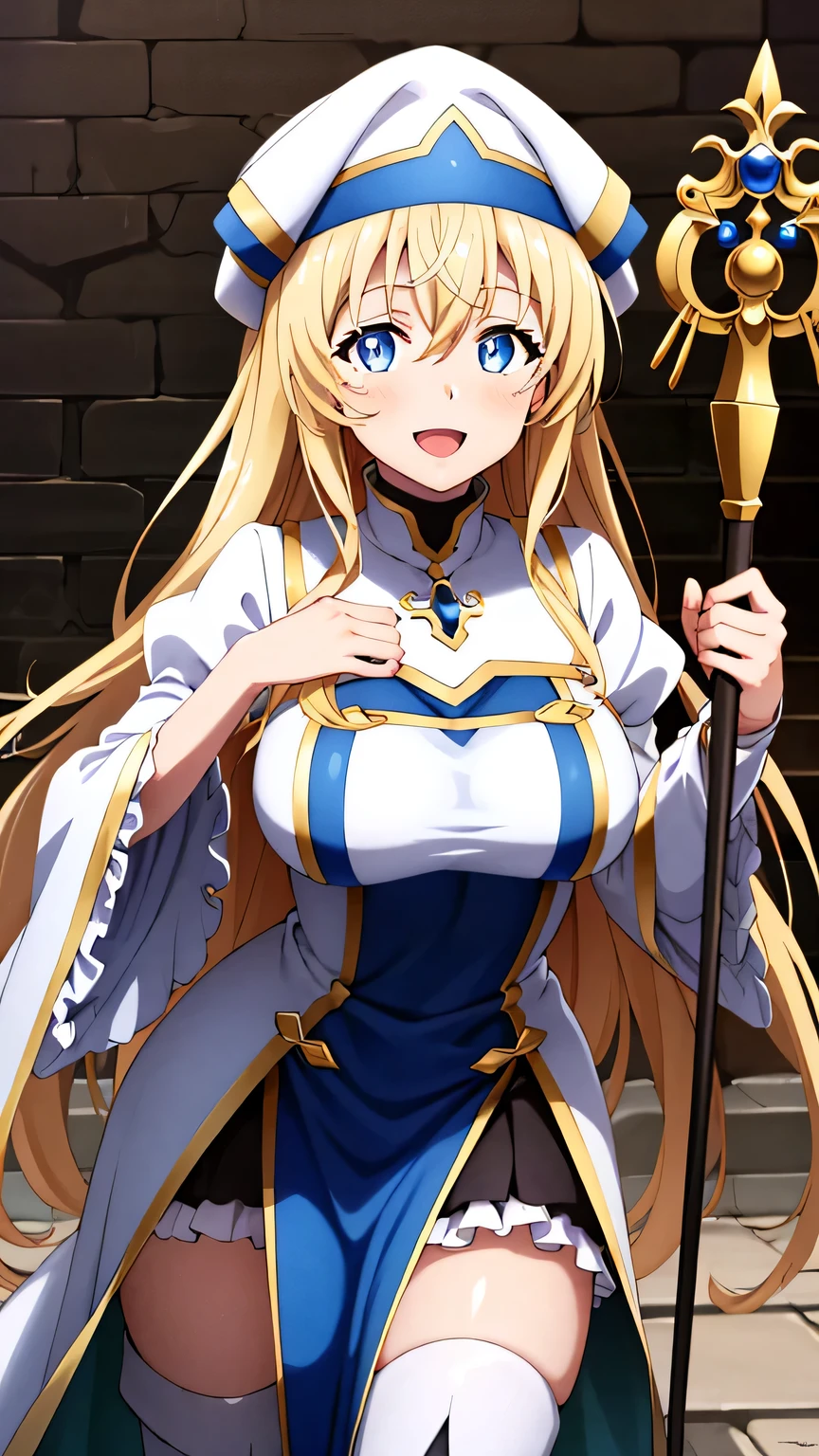{{{masterpiece}}}, (best quality:1.5), (ultra-detailed:1.5), {illustration}, {{an extremely delicate and beautiful}}, (beautiful detailed eyes:1.5), absurdres, highres, extremely detailed face, 16k, hd, visual anime de uma jovem mulher, extremamente bonito rosto de anime, anime melhor garota, (perfect hands, perfect anatomy), anime face, priestess(Goblin Slayer!), 1girl, solo, cute face, aapri, blonde hair, long hair, straight hair, half up, hair between eyes, sidelocks, flushed cheeks, blue eyes, medium breasts, big hips, curvaceous, BREAK, white headwear, white dress, frilled sleeves, frills, long sleeves, white sleeves, puffy sleeves, wide sleeves, (long pelvic curtain:1.2), blue pelvic curtain, white robe, black mini skirt, ruffle skirt, thighhighs, white thigh boots, high heels, thighs, zettai ryouiki, BREAK, magic, energy, floating clothes, white aura, magic staff, long staff, holding staff, smiling, looking at viewer, open mouth, flushed cheeks, flash effect, indoor, (dungeon:1.5), aisle, upper body,