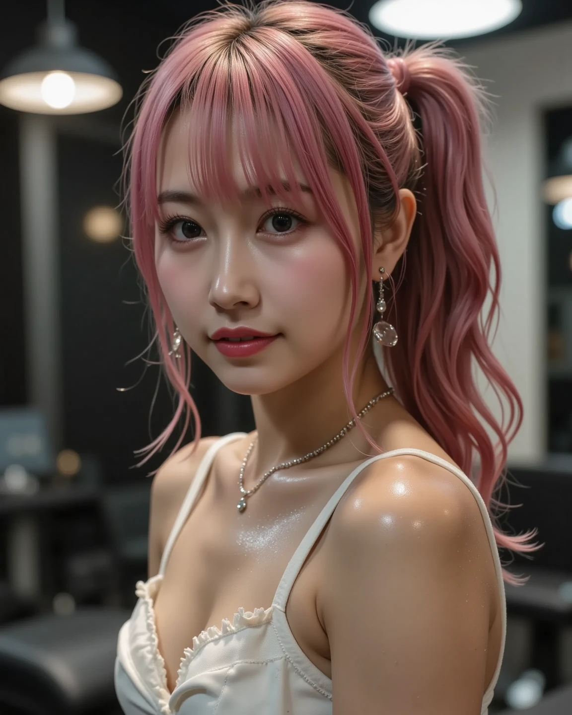 (nude :1.35),(Pink Hair :1.3),Solo Girl,Very heavy rain,Back alley at night,Soaked Tomboy,Earrings,(Soaking wet,Rain dripping from my face,Wet Face,Wet your hair,Moisturized and radiant skin,Soaked costume,),(Shiny silver and orange hair,Short Ponytail),(Princess face composition,Big eyes,Pointed lips,Red lipstick,Cute round face,A smile that makes people happy,blush with embarrassment,blush,),Bold Pose,Digital SLR,(8K quality,Tabletop,highest quality,Ultra-high resolution output images,),Intricate details,(Highly detailed RAW photos:1.3),(Picture Mode Ultra HD),squat