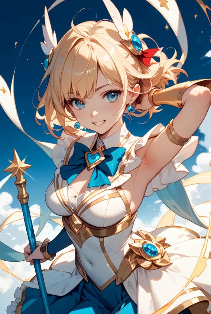((Highest quality)), ((masterpiece)), (detailed), Perfect Face, Perfect Arms, Perfect hands, Perfect Fingers, anime, Ultra-fine illustration, ((One beautiful woman)), Glamorous figure, Curly Hair, ((goddess)), sun, (Illuminate with light:1.3), (Above the Clouds:1.3), (skyline:1.2), Cowboy Shot,