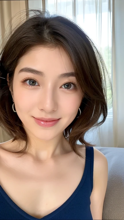 ((Best Quality, 8K, Masterpiece: 1.3)), 1girl, Slim Abs Beauty: 1.3, (Casual hairstyle, :1.2), Loose dress, super fine face, Delicate eyes, Double eyelids, smile. Take pictures in cute poses, very low figure, small waist, big breasts, close-up, close-up, beautiful background