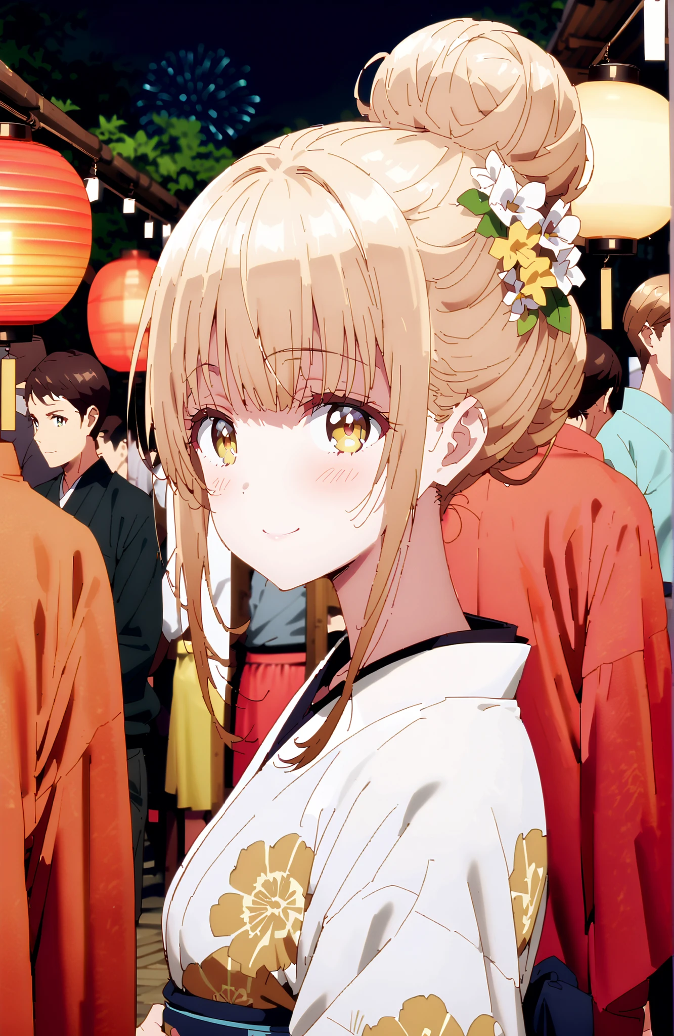 椎名まひる, bungs, Gold, brown hair, yellow eyes,side lock, single bun hair,flower hair ornament,Nape,White flower pattern kimono,Medium breast,standing,Light up fireworks,Japanese stalls ,Red Lantern,night,smile,blush,close your mouth,full bodyがイラストに入るように,break outdoors, Japanese Festival,
break looking at viewer,full body,
break (masterpiece:1.2),best quality ,Kampala,unity 8k 壁紙,(shape:0.8),( fine, beautiful eyes :1.6),It's a person ,full body写真,CG Details , (perfect hand in h,Complete Anatomy),