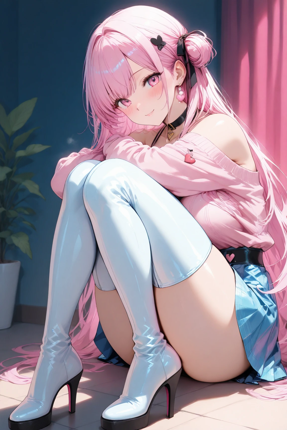 Anime Kawaii sexy Perfect Slim sensual body large breast and huge thighs, An intricate and highly detailed illustration of anime (Young girl) 一个女人sitting on a stool露出她臭脚的low angle,sitting on a stool,low angle,正面,bare feet,focus on feet,Pink off-shoulder t-shirt,There are bangs between the eyes,long hair,chestnut hair,shorts jeans,anatomically correcte, There is a huge yellow five-pointed star clip in her hair,pink eyes,eyes for details,pretentious smile,look at the audience,point-blank,wide angle lens,perspective drawing, two feet,simetria bilateral