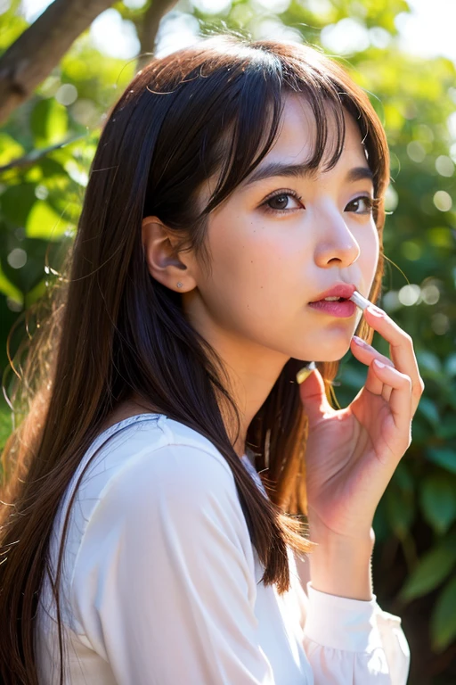 highres, ultra detailed, photorealistic, 1 beautiful japanese girl, highly detailed beautiful face, medium hair, closed eyes, dress, sitting, sleeping, forest