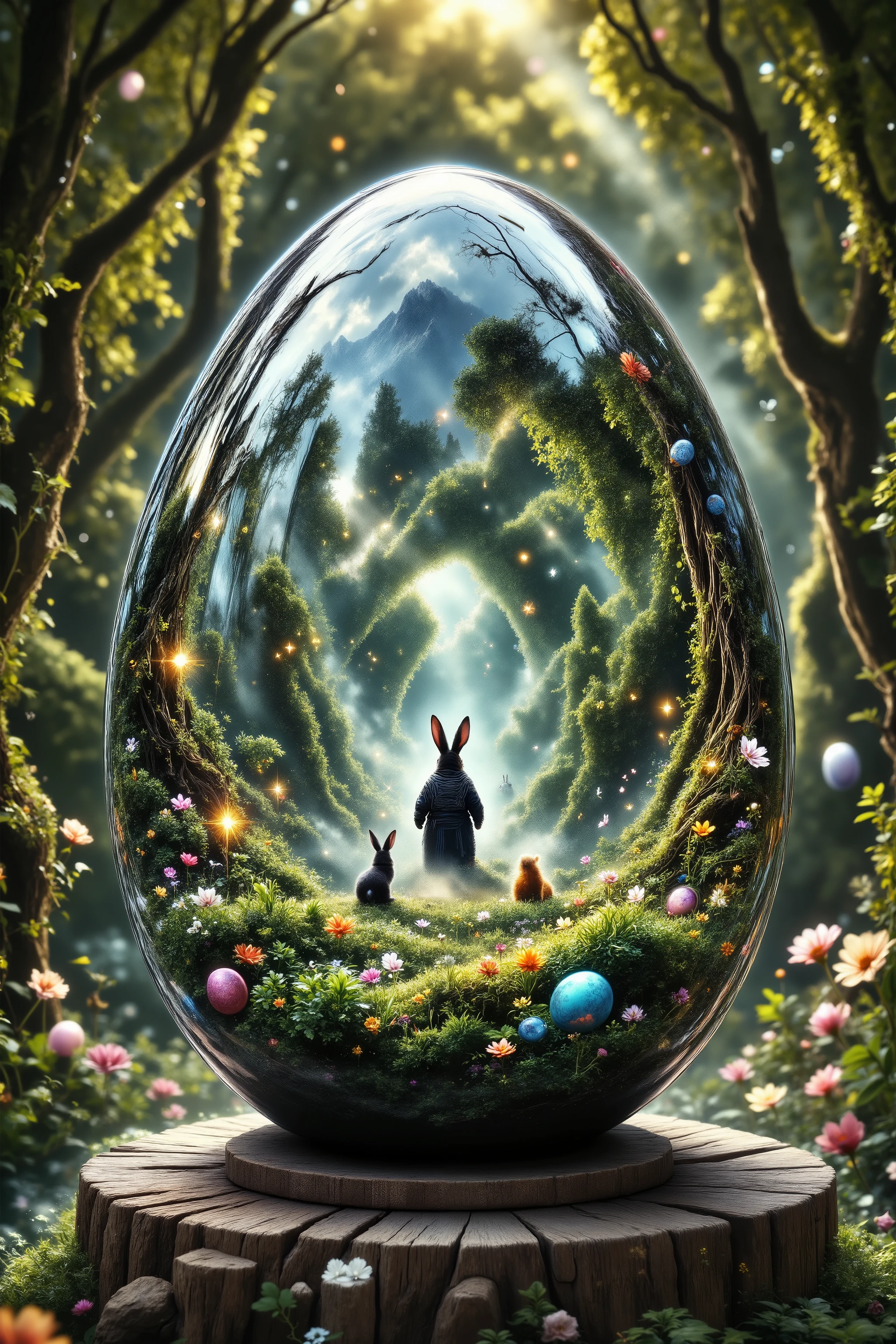 Full hd picture of a huge glass easter egg on a pedestal, Masterpiece, the easter egg reflects a story of the origins of the easter bunny in a lush ancient forest, easter eggs everywhere, ray of light shines on the egg, the easter bunny is standing before a portal to go to the magical land of fairytales, two bunnies are shown in the glass egg, they are his parents and inviting him inside the glass egg, big vines are growing around the picture frame