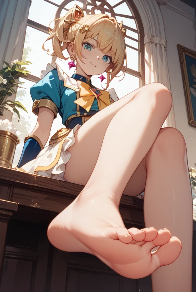 score_9,score_8_superior,score_7_superior,One girl,sole, barefoot,Feet Focus,View your viewers,Sitting,Sweat, A woman wearing a miniskirt is laughing happily