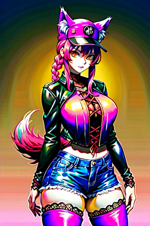 (ultra-realistic,highres,8k,best quality:1.2),vivid colors,beautiful detailed eyes,long eyelashes,fox girl,((fox snout,fox ears,orange fur,punk hair,goth style)),dark makeup,fierce expression,wild hair,earrings,leather jacket,distressed jeans,studded belt,combat boots,grungy background,edgy atmosphere,urban setting,nighttime lighting, purple highlights in hair