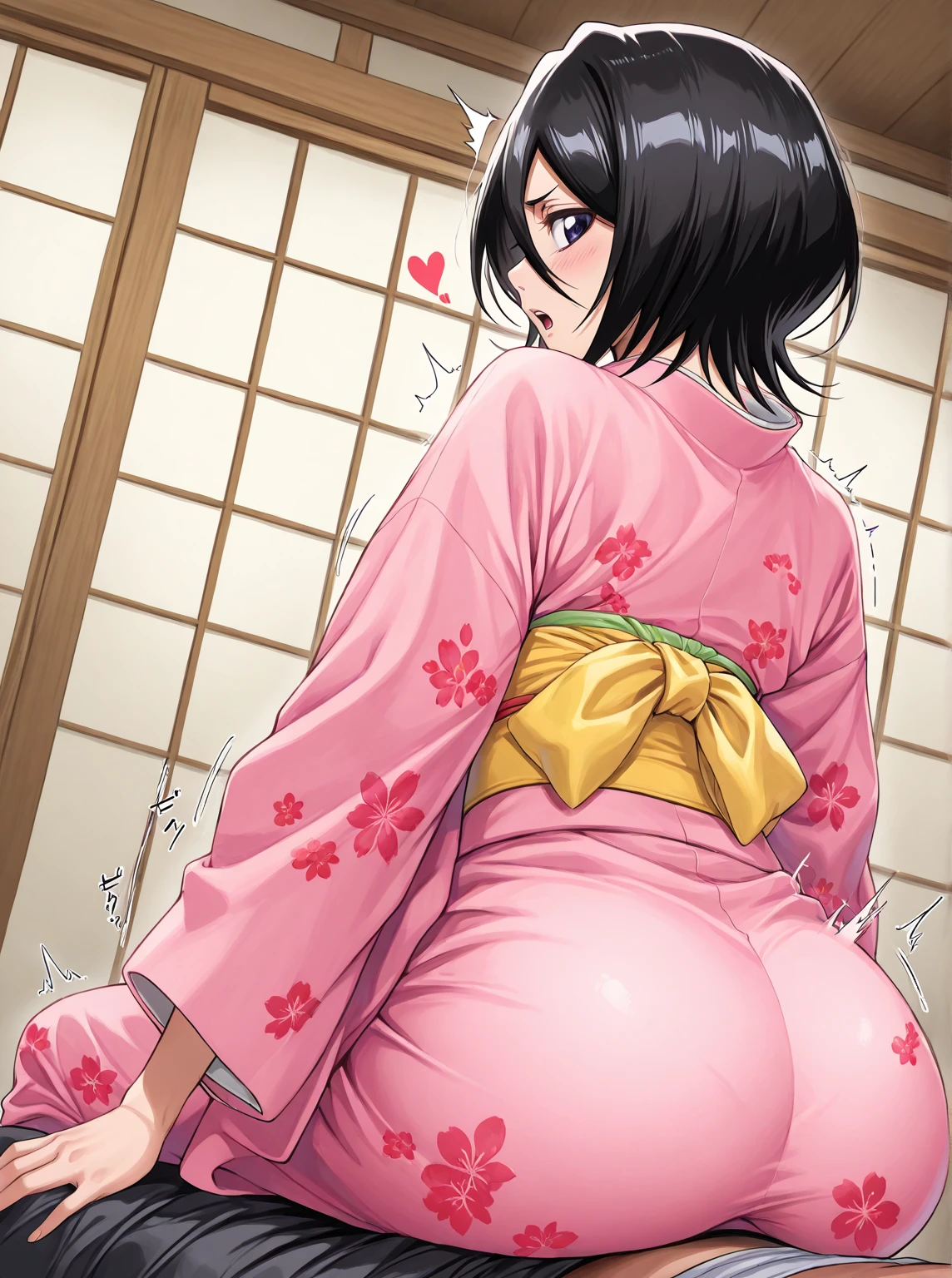Nsfw,1girl,1boy,sex from behind ,vaginal ,clothed,Yukata,
araragitsukihi, short hair,
hair ornaments, Ahoge, egg hair ornaments, trainer, anger,
Cleavage,white lace panties,