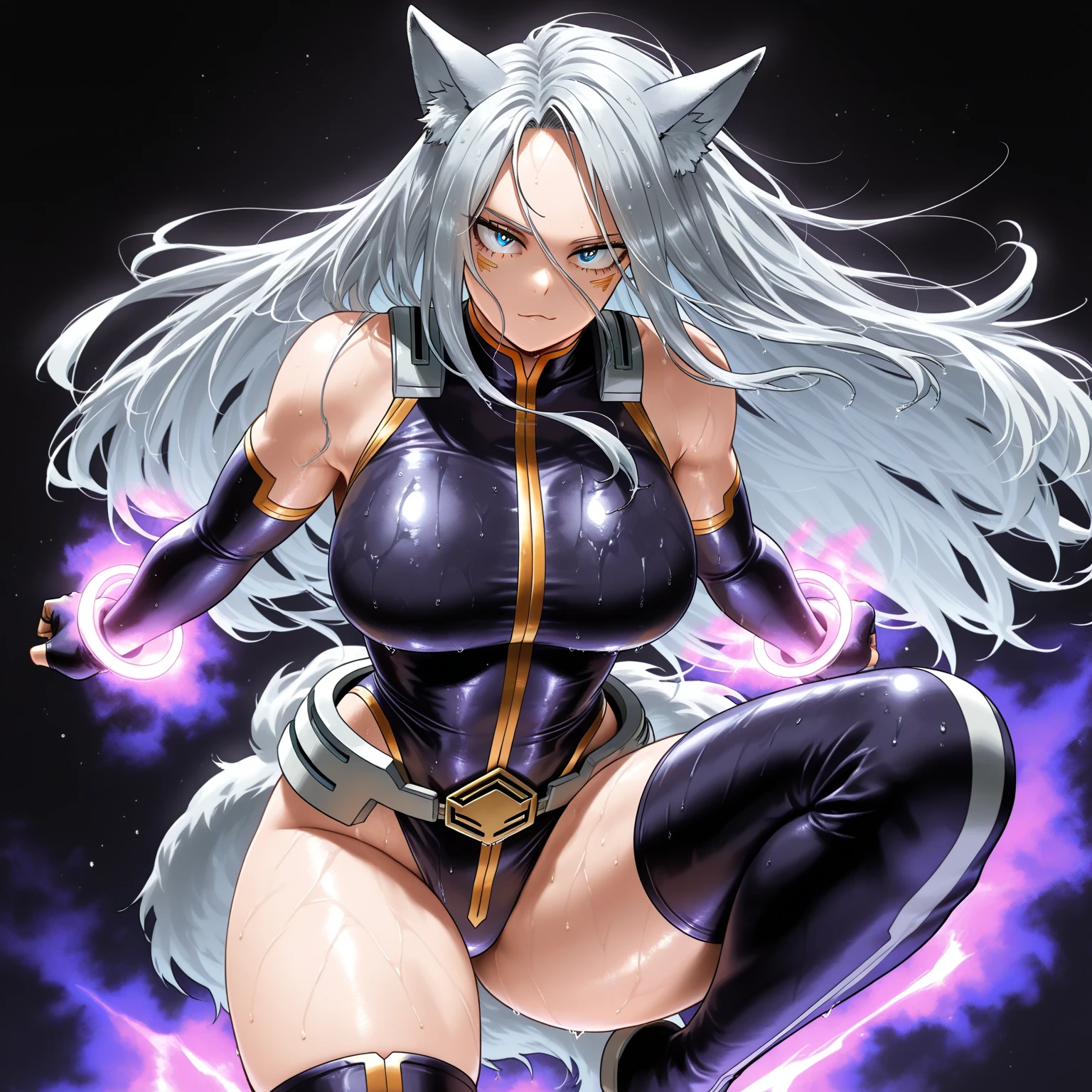 ((4K)), ((melhor qualidade)), ((Obra de arte)), (detalhado), 1 garota, Brown skin, ((muscular body3)), (big breast), Wolf girl, long hair (messy hair), Silver hair, smile (fangs), claws (Wolf), paws instead of feet (Wolf), hair from the groin to the navel (Silver), amber eyes (beautiful),
Sadist expression