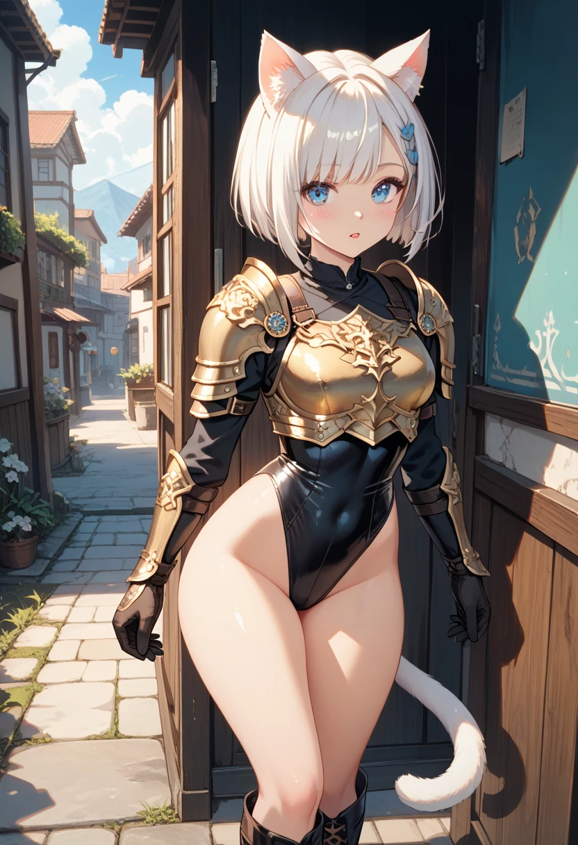 Woman knight、a beauty girl、huge tit、Excellent style、Nice Buddy、glamorous、leotard、s Armor、Shoulder rest armor、Bra chest armor、knee boots、gauntlets、hair adornments、silber hair、Longhaire、Ahoge、is standing、full body seen 、Medieval city、Walking、slightly open mouth、a smile、