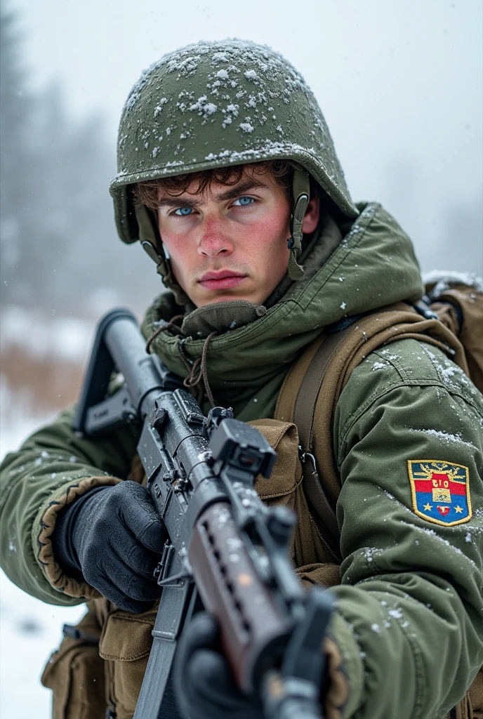 Russian Soldier in his 20s around a snowy mountain with blue eyes with brown hair wearing a green helmet green military uniform and black combat boots front of you with armed with an AK-12 Assault rifle with a T-72A Main battle tank with a 125mm main cannon russian city behind him