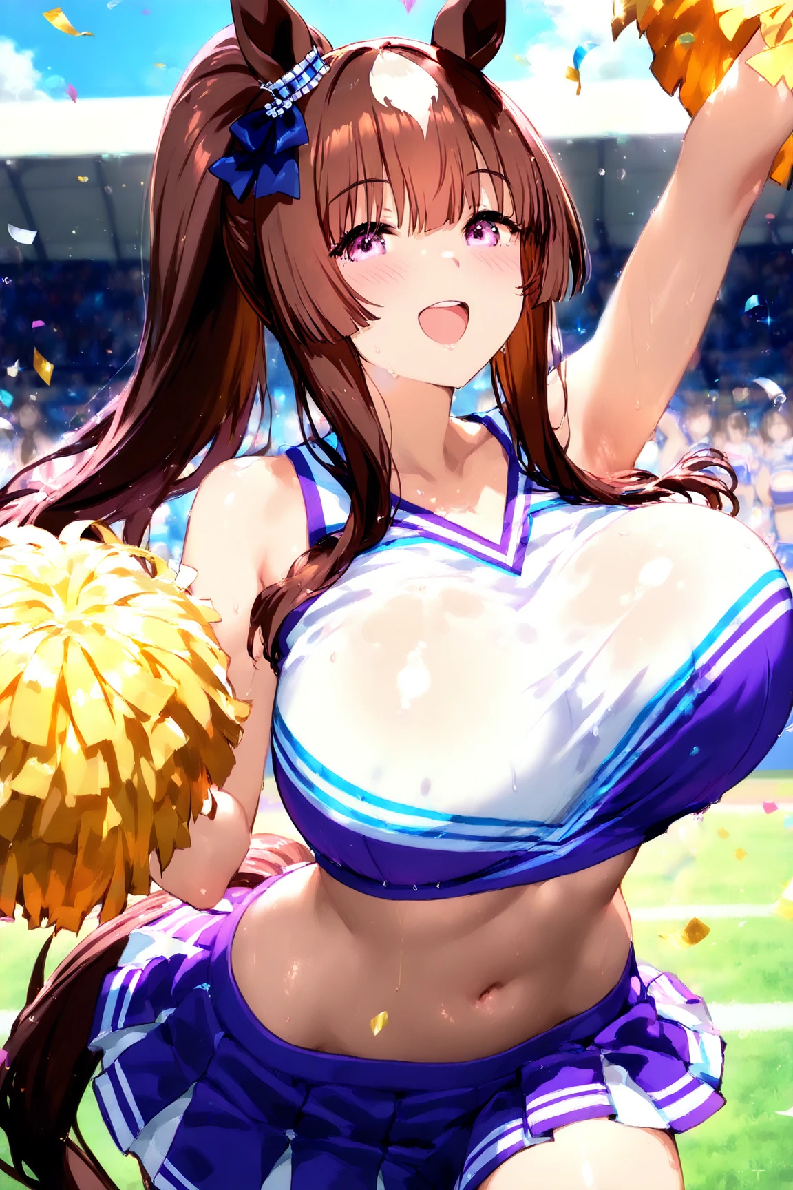 score_9, score_8_up, score_7_up, rating_explicit, 1girl, solo, honoka mitsui, mahouka koukou no rettousei, mitsui honoka, purple eyes, brown hair, medium hair, twintails, low twintails, large breasts, cheerleader, sleeveless, crop top, crop top overhang, skirt, miniskirt, pleated skirt, white shirt, white skirt, bare legs, armpits, cleavage, underboob, ass visible through thighs, thigh gap, upskirt, underwear, panties, crotch seam, pink panties, pantyshot, cowboy shot, arms up, arms behind head, looking at viewer, from below, looking down, outdoors, blue sky, confetti, blush, smile, :d, open mouth