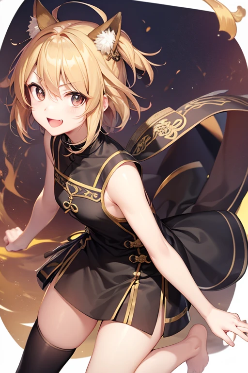 (14years old), (1Girl), (((IDOL))), (solo), ((Loli ))(masterpiece), (best quality: 1.2), (One lady), (Ultra-detailed:1.3), (CG Illustration), (full-shot), (illustration), ((kawaii girl:1.1)), (detailed light), (Highlights), (beautiful detailed body), (detailed sparkling eyes), Best picture quality, (Body and facial contours:1.2), ((8k_wallpaper)), Dynamic Light: 1.3), Cinematic Light Effects, Delicate Facial Features, Detailed Eyes, Sharp Pupils, Realistic Pupils, Deep Field of Vision, Clear Focus, (Ultra Detailed, Bloom, Glow: 1.5), (((Extremely detailed wallpaper 4k CG unity))), (High contrast:1.2), (Colorful), ((Disheveled hair)), (blushed face:1.3), (illustration:0.8), (beautiful detailed eyes:1.6),
BREAK ((Genshin impact clothes)), (((Yellow dress))), (((orange ornaments))), (((thunder theme design))), (((strapless dress))), (((detached sleeves))), (((black top))), (((thick black thighs)))
BREAK ((Blonde hair)) short hair, (ribbon in hair), ((black ribbon)), ((Updo haircut)), ((Updo hairstyle)), ((box pleats short skirt))
BREAK (detailed sparkling Yellow eyes)
BREAK indoors, standing in fantasy hallway
BREAK looking at viewer, cowboy shot, relax
BREAK smile, closed mouth, freckles around nose, freckles around cheeks
BREAK (medium breast:1.2), B breast,
BREAK ((perfect limbs)), ((normal hands)), ((normal five fingers)), ((normal legs)), ((normal feet’s), ((perfect anatomy)
