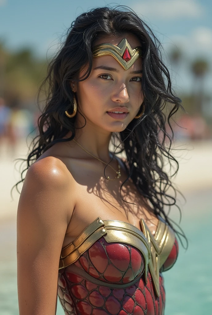teen wonderwoman, (big breast:1.5), on the beach, night, stars.