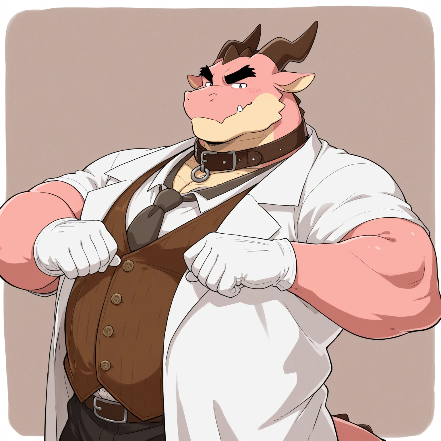 <lora:falnailv2:0.7> pink body, yellow eyes, pink scales, pink body, glasses, multiple boys, 2boys, horns, male focus, furry, heart, bow, blush, crossdressing, tail, furry male