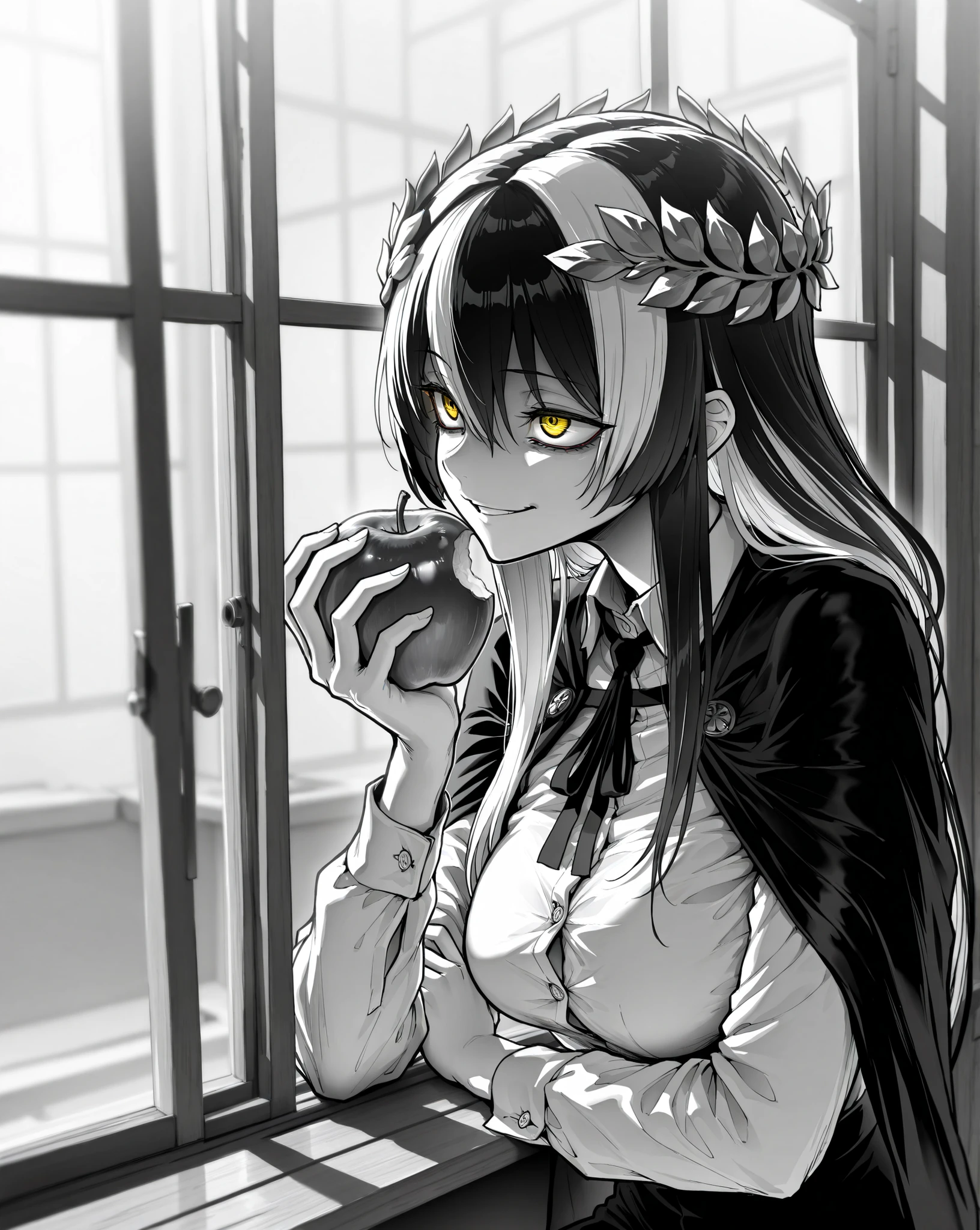 masterpiece, best quality, amazing quality, very aesthetic, high resolution, ultra-detailed, absurdres, (hands:-0.22),
1girl, woman, solo, mature woman, (looking at out of the window, portrait, medium shot:1.19), LineAniAF, monochrome, greyscale, ebiblue, (coloured eyes, wide eyes, crazy eyes, smirk:1.01), black and white hair, hair between eyes, golden eyes, very long hair ,(black hair, white hair, two tone hair, multicolored hair:1.23),laurel crown, dress shirt, buttoned up t-shirt, black overcoat, jacket cape, formalwear, suit and tie, medium breasts, capelet, eating an apple, sitting on windowsill,
BREAK, depth of field, volumetric lighting