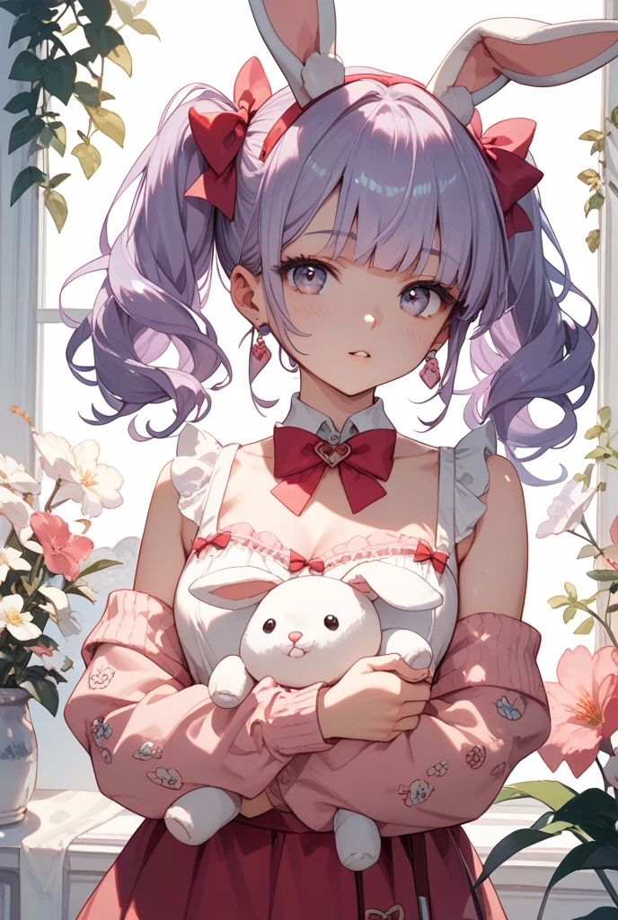 Gal-like girl in bunny clothes。has light purple hair and twin tails ...