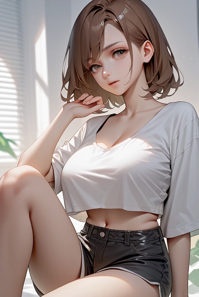 A cute sexy hot schoolgirl with few curves, a very short skirt until you can see her panties a little, and a shirt slightly unbuttoned, very pretty, blushing. 