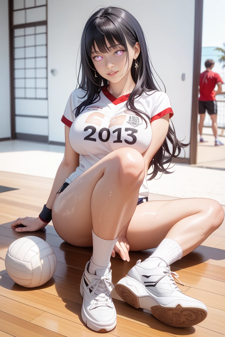 young woman, chubby build, on a sports field, ((oversized top)), white micro shorts, covered in sweat, skin glistening, clothing soaked, full body view, upwards angle, ((underboob))