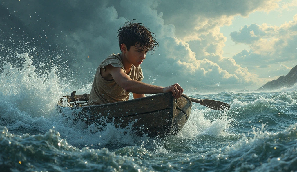 Make a 6-year-old boy in a little boat with rough seas wearing a green shirt