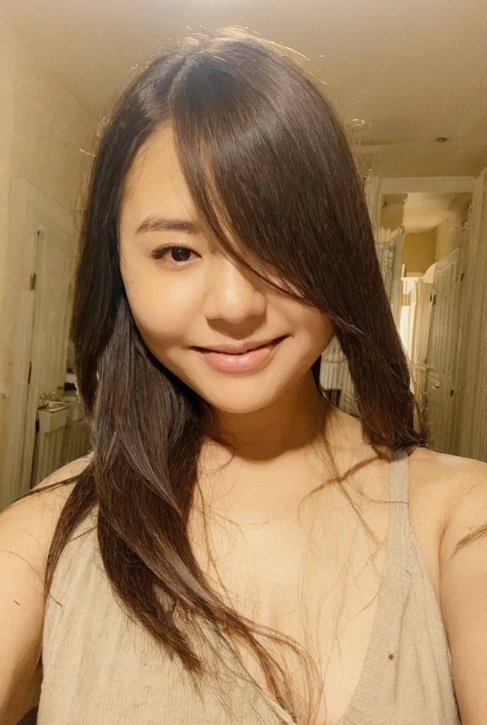 21-year-old Japan woman、Beautiful Eyes、 ((Highest quality)), Clear contours, Woman with beautiful face, (((One Girl,alone))), ((Beautiful Eyes)), Sex Appeal、Accurate simulation、She is wearing a tank top and black panties、Low Perspective, sexy、A light smile、Long brown hair、Messy Hair