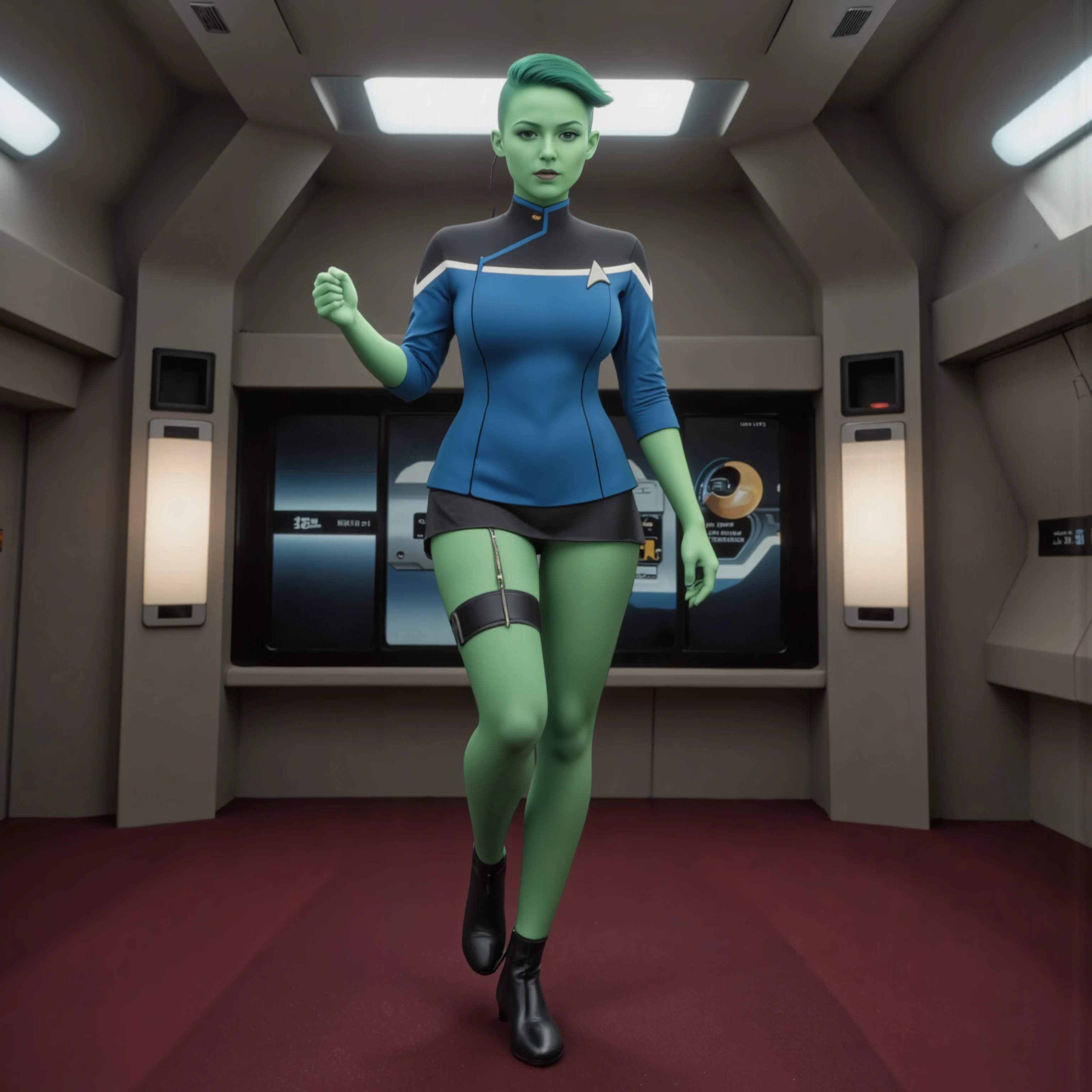 Sci-fi Pinup, ultra high definition photograph, green-skinned woman, beautiful pinup model with green skin and green hair as a starfleet officer wearing a sexy blue TLD uniform with black shoulders, on the starship enterprise, Startrek badge, garter, sexy leather boots, choker, green lipstick, cleavage cutout, mischievous smile, perfect green-skinned thighs and calves, green hair, asymmetric undercut hairstyle, startrek orion species, dynamic pinup-style pose parting her clothes to reveal a glimpse of green skin and lingerie underneath, focus composition on showing off her thighs calves, face and breasts