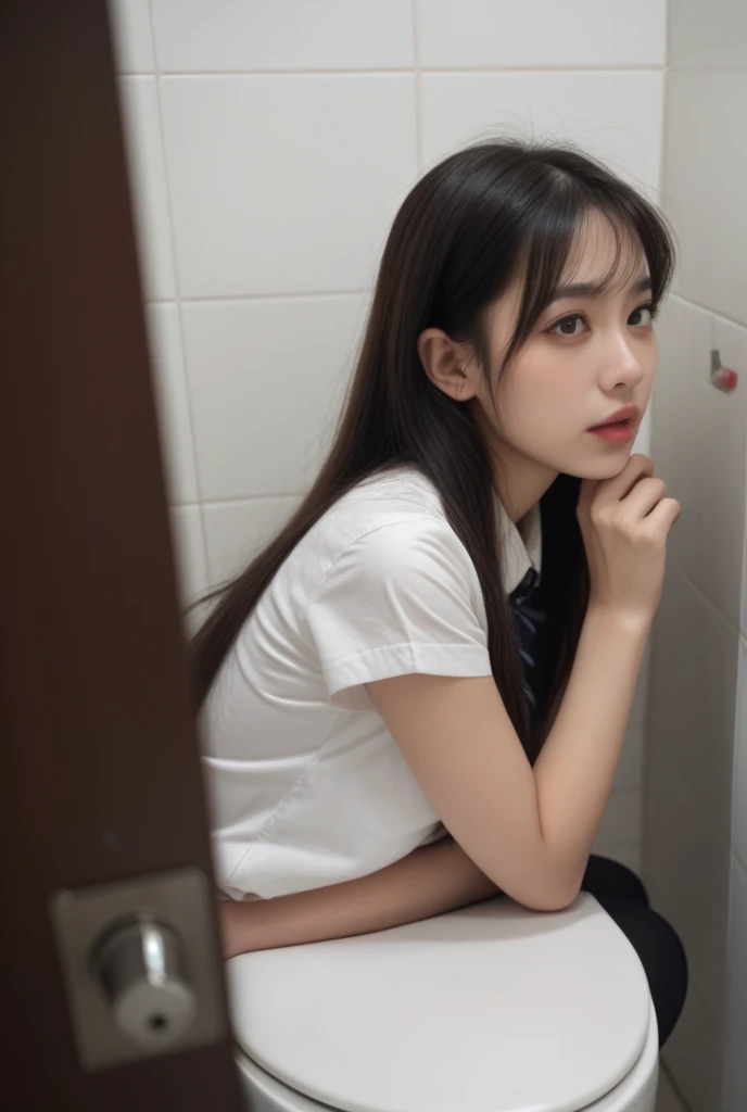 There was a young girl sitting in a public restroom washing her hands., 1 6 is, Thai girl, อายุ 17 years, 17 years, Asian girl, student, อายุ 17 years, อายุ 17 years, Very very high quality, 17 years, 17 years old, อายุ 17 years, เด็กหญิงอายุ 17 years, ไส่ชุดstudent มอต้น