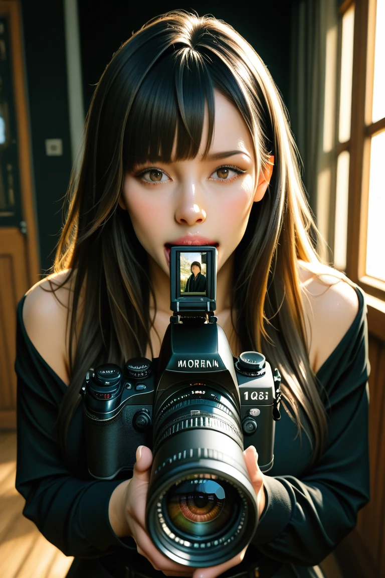 Young brunette, long hair, in profile, realistic, do something on camera