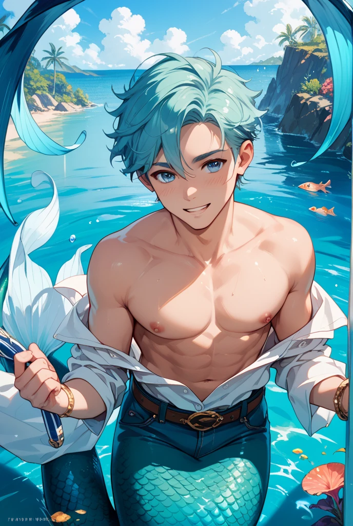 An alluring man, endowed with long flowing blue hair, dons Hawaiian attire, evoking a sense of tropical serenity. His radiant white skin glows under the sun, shielded by smoked glasses, their tinted lenses hiding his piercing blue eyes. The athletic contours of his physique are accentuated by the loose fabric of his island-inspired clothes, whispering tales of adventure and vitality.