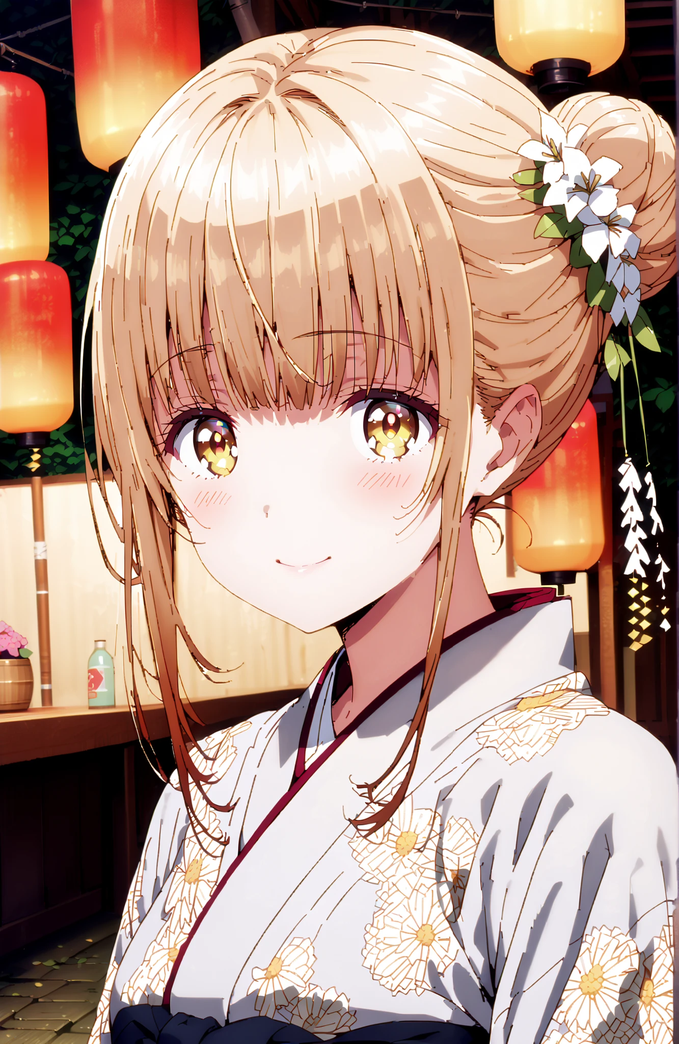 椎名まひる, bungs, Gold, brown hair, yellow eyes,side lock, single bun hair,flower hair ornament,Nape,White flower pattern kimono,Medium breast,long skirt,standing,Light up fireworks,Japanese stalls ,Red Lantern,night,smile,blush,close your mouth,full bodyがイラストに入るように,break outdoors, Japanese Festival,
break looking at viewer,full body,
break (masterpiece:1.2), best quality, high resolution, Unity 8Kの壁紙, ( illustration :0.8), (beautiful detailed eyes:1.6), very detailed faces, perfect lighting, very detailed CG, full body写真,(perfect hand in h, perfect anatomy),