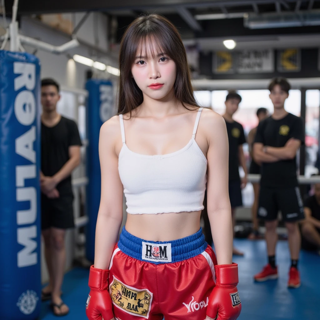 (masterpiece), best quality, expressive eyes, perfect face, Thailand MMA girl, killer, tanned, (masterpiece), best quality, expressive eyes, perfect face, 1girl, beautiful face, Beauty of beauty, (shinny skin, bob cut with movement), black eyes, eyebrows, Looking at Viewer, red polyester bodysuit, yandere look, bloodthirsty expression, standing in frustration, Black hair, (large swaying chest, A slender,), full body, bandage wrapped legwear, muscles, collarbone, slim waist, slim athletic build, Studio Lighting, Muaythai headband, bandage MMA gloves, Sweating, underworld fighting room, Thai face, knee pads, MuayThai, perfect anatomy, bandaged foot, feet, MMA shorts, solo, cum inside, sperm inside, wet shorts, ID card, Her Name, Thai language