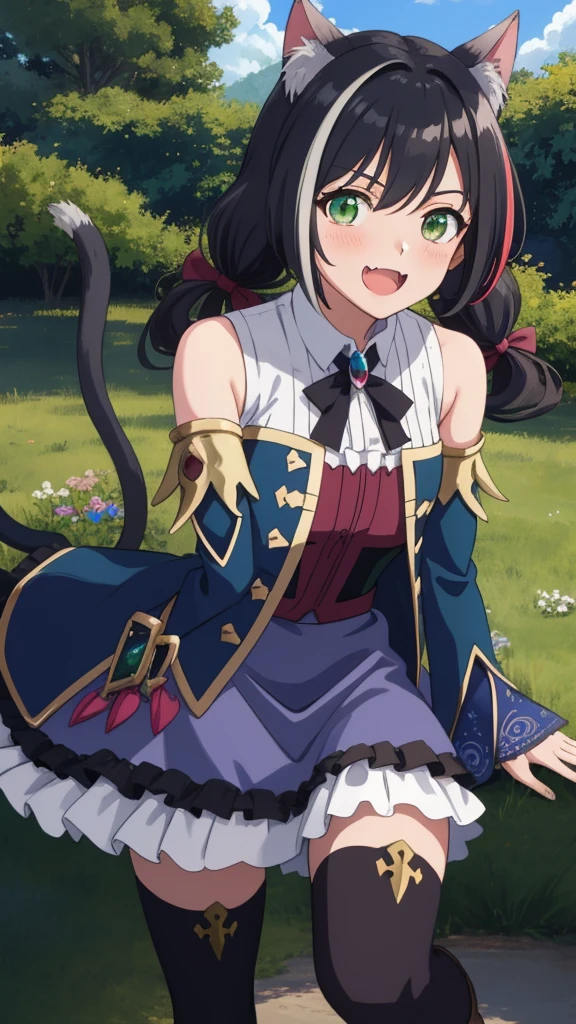 kurosawa dia, love live!, black hair, aqua eyes, long hair, blunt bangs, hair ornaments, medium breasts, mole, animal ears, hair ornament, flower, cape, wolf ears, hair flower, smile, wolf tail, bangs, belt, grass, tail, sitting, water, cleavage, jewelry, aqua eyes, red flower, rose, hairclip, breasts, earrings, long sleeves, outdoors, black pants, pants, red rose, sparkle, holding, shirt, fur trim, grin, day, vest, white shirt, red cape, blush,
BREAK
score_9, score_8_up, score_7_up, score_6_up, source_anime <lora:LLChar_Pony_Aq-000020:0.8>