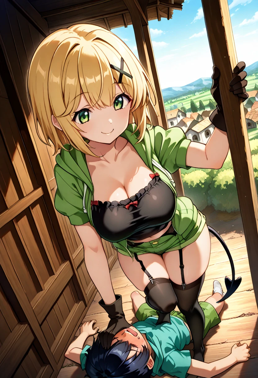 (anime style),masterpiece, best quality, extremely detailed,20Years old,tanned skin,dark skin, Beautiful body,large breasts press,BREAK,multicolored colorful blonde hair,shaggy hair,long hair,long pony hair,BREAK,black eyes,black choker,dignified face,disgust,sad face,open mouth,detailed lips,,BREAK,with vertical stripes sweater,tiara,ripped Princess knight light armor,micro skirt,break,head tilt,in the woods,hands on legs,wariza,ivy clinging to the body,arching back,shackles and cords,