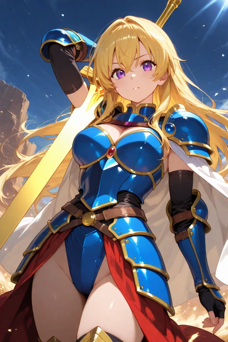 1girl, blonde hair, blue eyes, long hair, ties up in a ponytail, soft and shiny hair, her hair glows golden when it is hit by light, large breasts, strong sense of justice, bravely, loyal, blue and white uniform, emblem on the chest, silver armor, cleavage, navel, white cloak, sword, castle, middle age, fantasy,