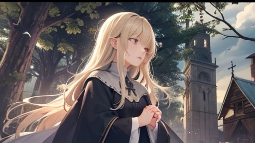 Masterpiece, Top quality, (1 beautiful girl), junior high school student, Blonde, short Hair, Braided hair, wavy Hair, blunt bangs, standard weight, (flat chest):1.3, (very large dark sorceress long robe with hood):1.3, pleated skirt, nose blush, open mouth, closed eyes, saliva, (leaning back):1.3, beautiful scene of outdoors, cowboy shot, (overhead shot):1.2, (torn clothes):1.3,(injury):1.1