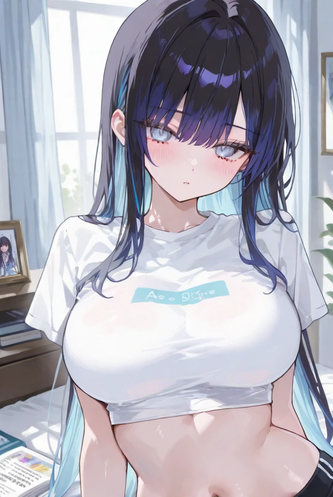 My name is Yukiko.I am a white test woman with long Sky blue hair,red eye color.I am 1.62 cm tall . My breasts measure 200 cm, my waist 40 cm and my hips 200 cm. dressed in a low-cut pink blouse and short black shorts. With 200 cm breasts
