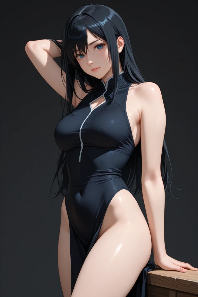 There is a li posing in a black wetsuit posing for a photo, ray traced images inspired by Ayaki Kojima, Tumblr, Shin Changa, in a swimsuit, wet swimsuit, swimsuit, black swimsuit, in a leather swimsuit in a leather swimsuit, in a tights, in a black tights, in a tight black tights, a sparkling swimsuit, flat chest