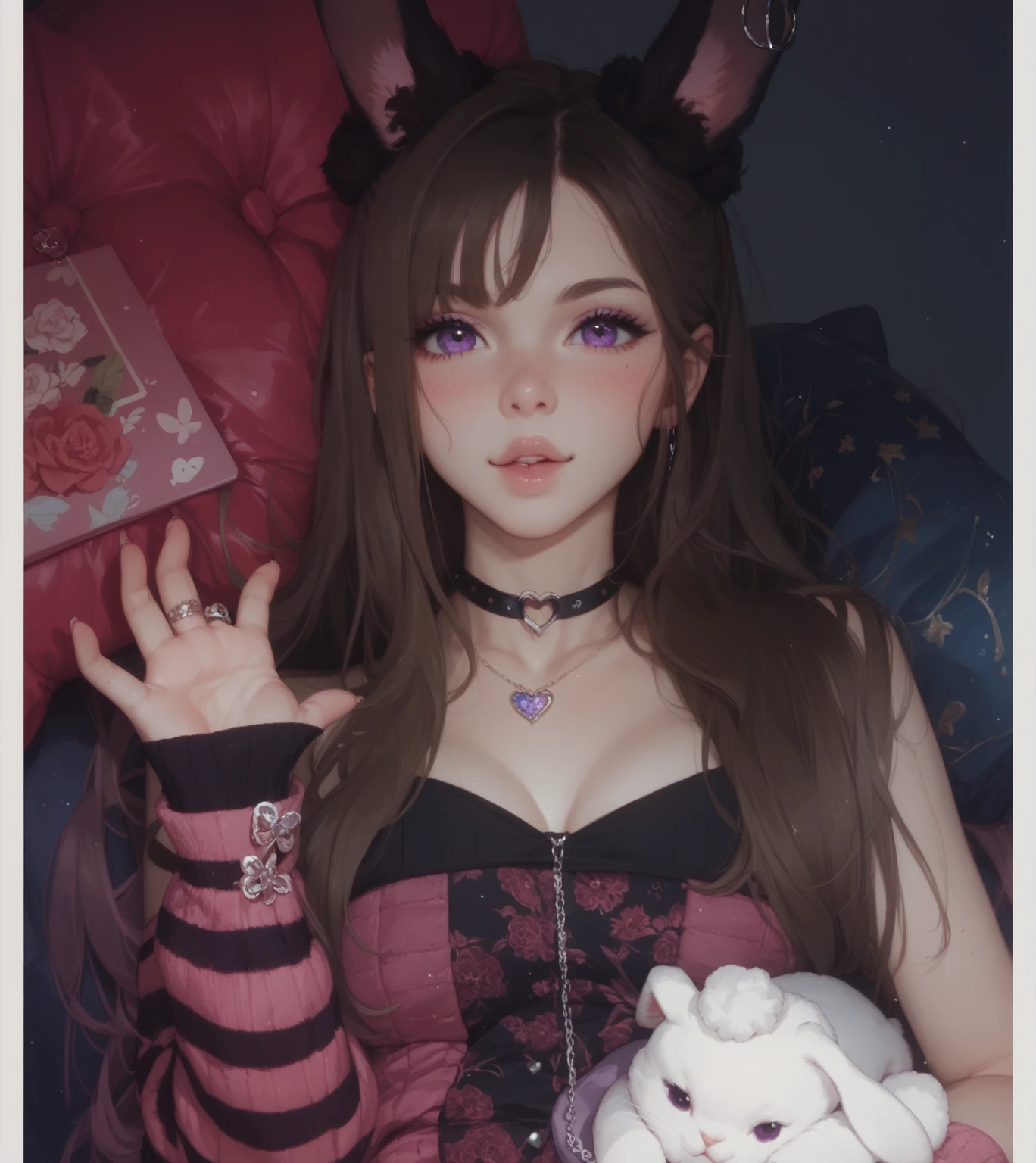 (8k、RAW Photos、top-quality、​masterpiece:1.2)、(realisitic、Photorealsitic:1.37)、女の子1人、japaneese、16-years old、femele、 at day 、a room、 lying on a bed、profetional lighting、(full bodyesbian)、perfectbody、long pink brown hair、详细的脸、Detailed lips、detailed eyes、More skin、二重まぶた、(huge-breasted:1.5)、(nipple protrusions)、pubick hair、((wearing buttoned purple shirt))、Sense of transparency、(wearing mini-skirt)、(small pink panties)、shinny skin、((open your legs wide))、sexy facial expression、blue eyes, Make eye contact with the camera,horse girl,mihono bourbon、((uma musume)、(tail on the lower back)、(lift up skirt)