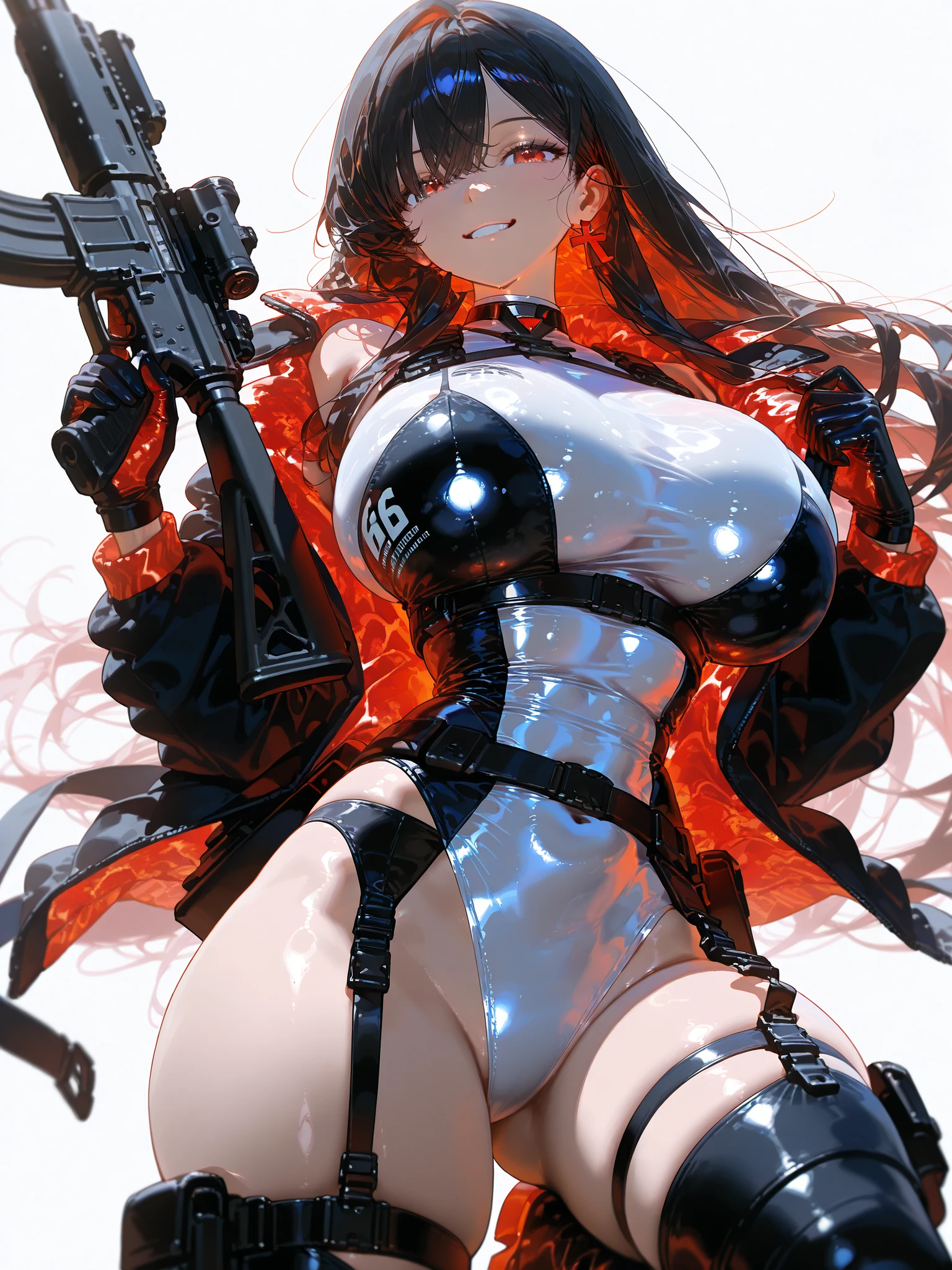 masterpiece, ultra-detailliert, 8k, hiquality, Top image quality, digitial illustration, Seductive Anime Girl, Combative posing, arched back、Depiction of dense hair, Detailed eye depiction, appearance Splash paint background in colors, Center, ((heavy weapons, armament:1.3))、((latex bikini:1.3 crop top:1.3))、((cleavage:1.3))、((crop top navel))、((highleg:1.3))、((huge breasts:1.3))、((huge hip:1.3))、((thick thighs))、((collarbone))、((cameltoe))、seductive smile、shiny skin、Sharp Focus, draw the full body, Glossy realistic skin texture, ((Hover effect:1.2)), Precise human body structure、Smooth texture