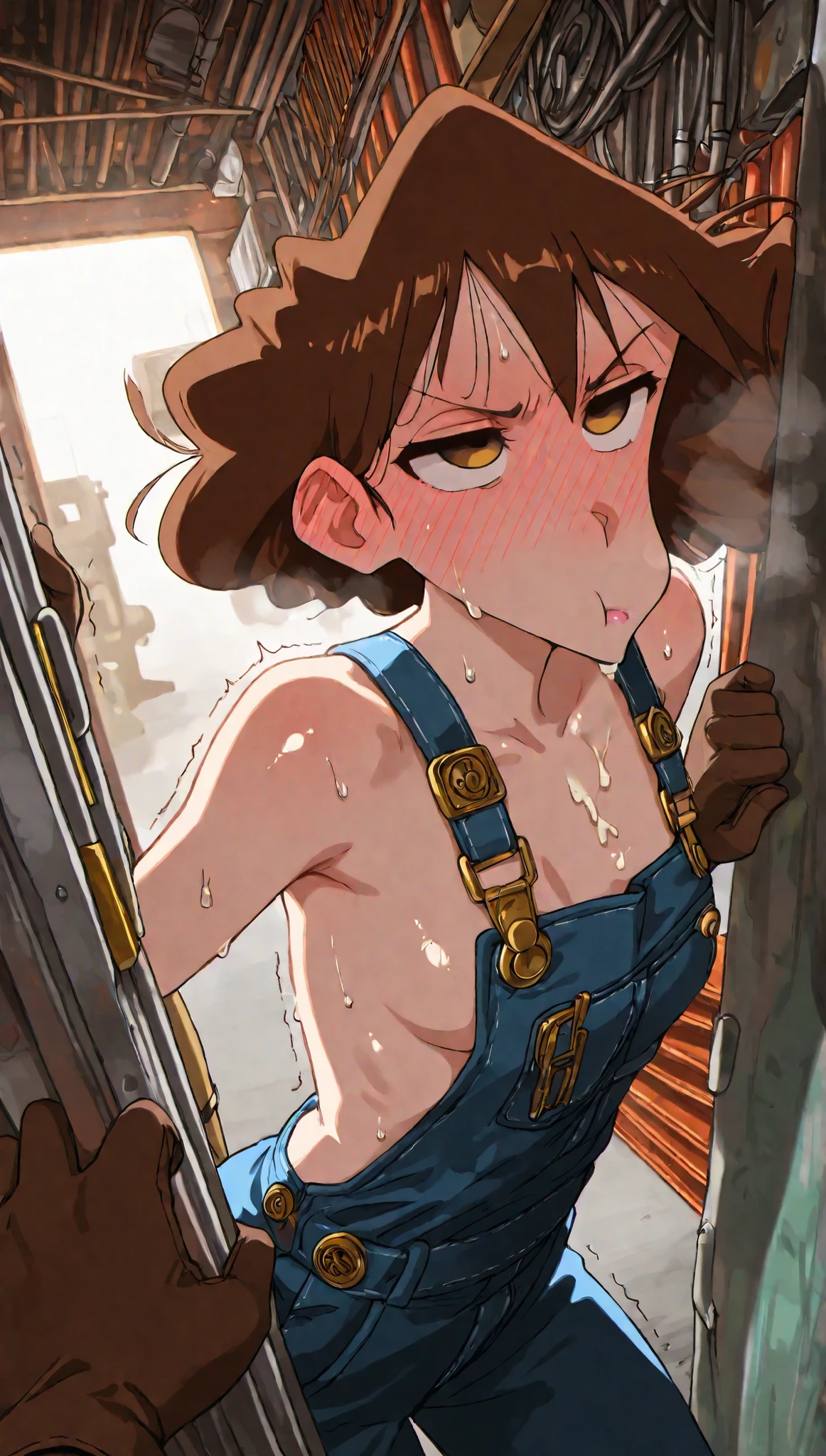 Lora: misae nohara masterpiece,best quality,amazing quality, quality,amazing quality, sweating Steam, ,Background, Steampunk,  grease stains on the body, Clothing: overalls, tools, sideboobs, gloves, garage, dirty body, dust  Shiny Skin, perfect eyes, Shining eyes, Pink Lips, Shiny dark brown hair Hair,   (torogao, Blushing, looking up, pout), small breast ,  hard lighting, dramatic shadows, high contrast, backlighting, sweating, cum, Steam, hot breath, Trembling, writhing, feeling, pleasure, Sensual, beautiful, POV, (Dutch Angle), Correct Anatomy, Sharpness, Detailed Art, (masterpiece, best quality),  