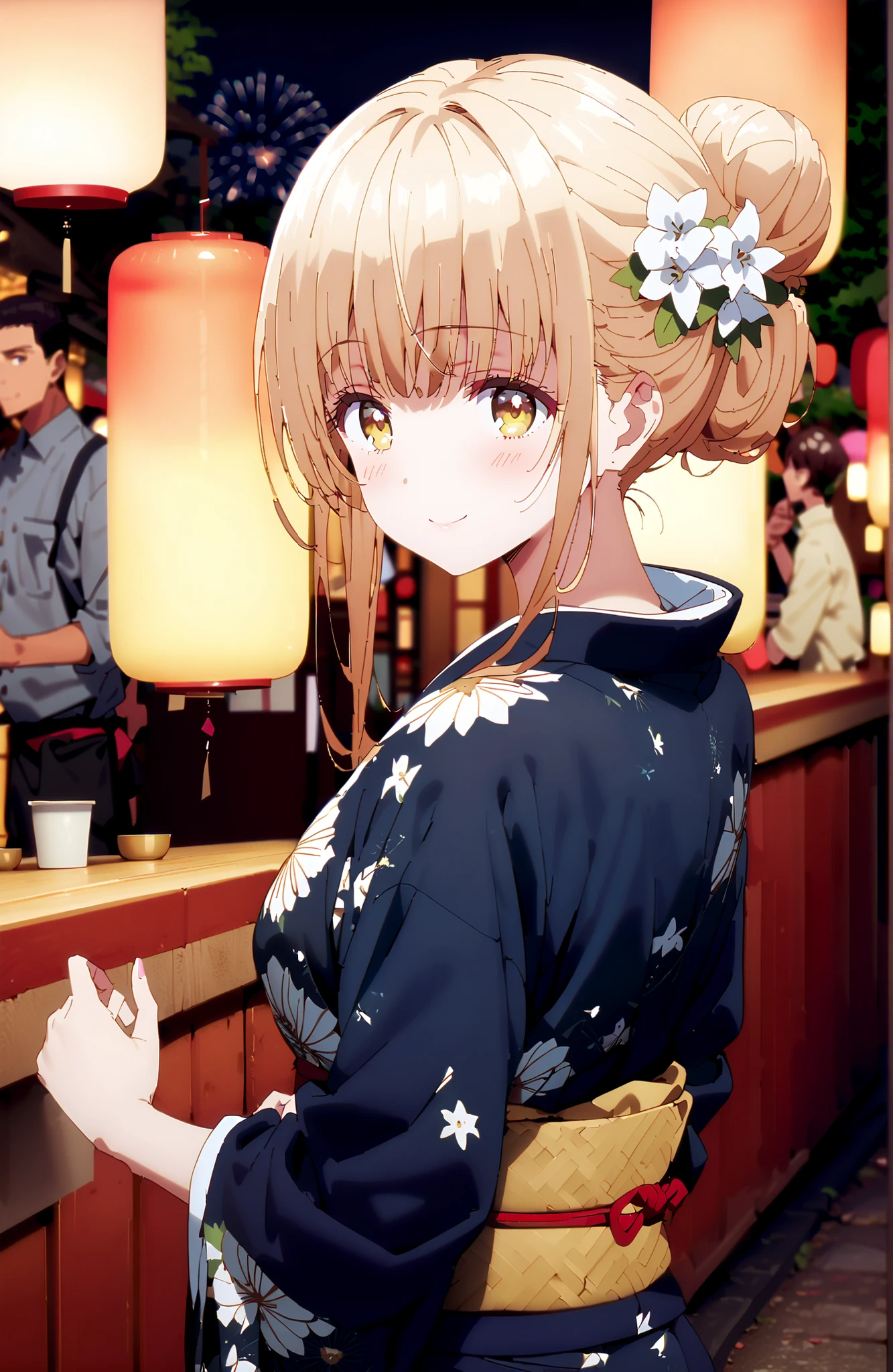 椎名まひる, bungs, Gold, brown hair, yellow eyes,side lock, single bun hair,flower hair ornament,Nape,White flower pattern kimono,Medium breast,standing,Light up fireworks,Japanese stalls ,Red Lantern,night,smile,blush,close your mouth,full bodyがイラストに入るように,break outdoors, Japanese Festival,
break looking at viewer,full body,
break (masterpiece:1.2),best quality ,Kampala,unity 8k 壁紙,(shape:0.8),( fine, beautiful eyes :1.6),It's a person ,full body写真,CG Details , (perfect hand in h,Complete Anatomy),