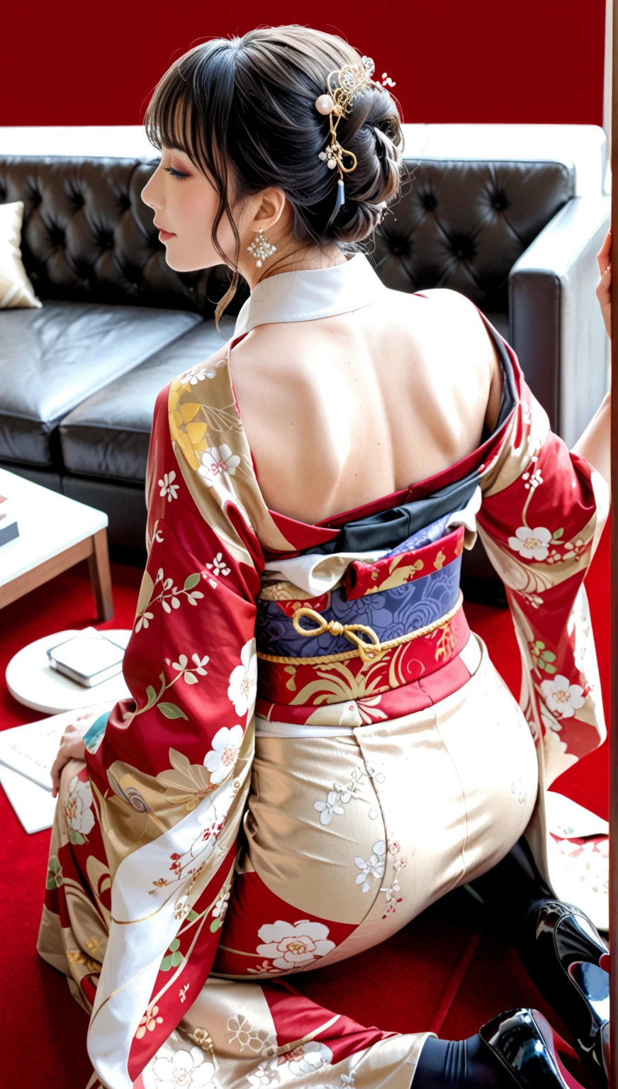Hyper realistic super detailed sexy woman, expressions faciales sexy, seductive facial expressions, [:(Face detail: 1.4): 0.4], 16K resolution, 4k resolution, (Ventre plat parfait), (image couleur), big round ass, bubble ass, from behind, BREAK I. Outfit: Exquisite and alluring, a sleek kimono-inspired dress with a daring thigh-high slit, intricate floral embroidery, and a plunging neckline. Elaborate obi belt adorned with traditional Japanese symbols. Strappy high-heeled sandals with hints of silver and gold. Delicate silver jewelry with samurai motifs. Bottomless, anus, show her naked ass

II. Venue: Serene garden with cherry blossoms, a tranquil koi pond, and a pagoda. Soft lanterns casting a warm glow. Bamboo archways covered in silk drapes. Incense burning, filling the air with a subtle fragrance. Mystical mist wafting around, creating an ethereal ambiance.

III. Decoration: Subdued lighting in shades of red and gold. Minimalist yet elegant furniture with a touch of traditional Japanese design. Silk curtains with intricate patterns of dragons and sakura flowers. Mirrors embellished with samurai motifs. Fragrant candles scented with sandalwood and jasmine. BREAK, looking at viewer, masterpiece, best quality, highly detailed, desire, blush, (Beautiful and detailed eyes description), (beautiful and detailed face), Perfect female body, (Best Quality), (ultra-detailliert), (masuter piece), (hight resolution), (Original), (the Extremely Detailed CG Unity 8K Wallpapers)